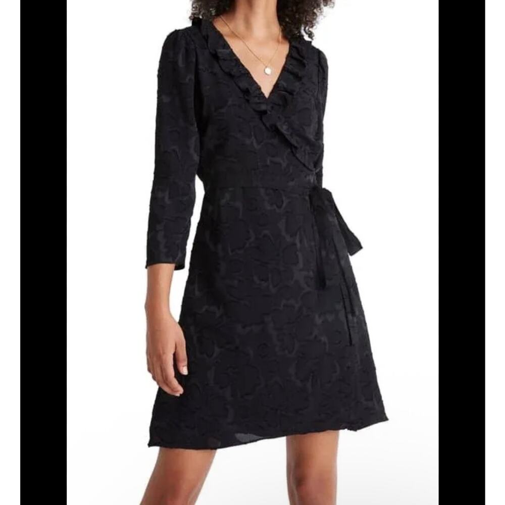 Madewell Black Ruffled Floral Jacquard Wrap Above Knee Mini Dress Size Small